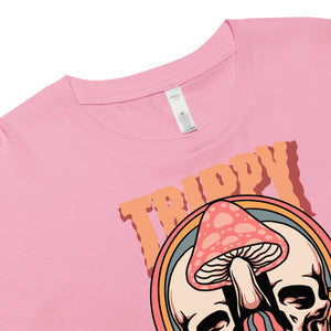 Cropped tee featuring a split skull and mushroom design with melting psychedelic color and smiley faces. Soft combed cotton, eco-friendly inks, playful surreal vibe.