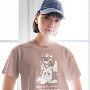 Black cropped cotton t-shirt featuring a black-and-white Lilith illustration with horns, wings, and gothic lettering.