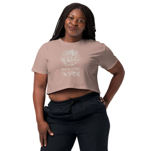 Black cropped cotton t-shirt featuring horned monster inside a ritual circle with mystical script and “Monster Inside” text.