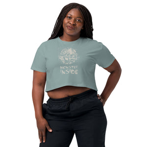 Black cropped cotton t-shirt featuring horned monster inside a ritual circle with mystical script and “Monster Inside” text.