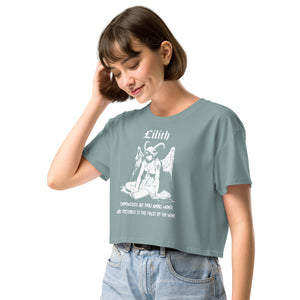 Black cropped cotton t-shirt featuring a black-and-white Lilith illustration with horns, wings, and gothic lettering.