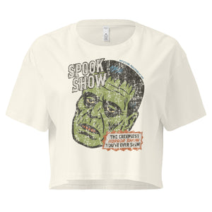 A distressed Frankenstein head with “Spook Show” on premium natural crop top.
