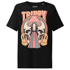Fitted organic cotton t-shirt with a split skull divided by a pink mushroom, flowing psychedelic shapes, and small smiley faces.