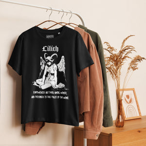 Fitted organic cotton t-shirt featuring a monochrome Lilith illustration with horns and wings and gothic typography.