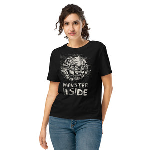 Black fitted organic cotton t-shirt featuring horned monster inside a ritual circle with mystical script and “Monster Inside” text.
