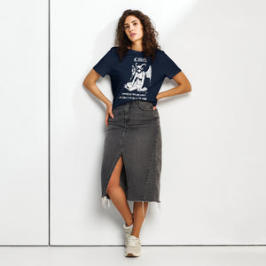 Fitted organic cotton t-shirt featuring a monochrome Lilith illustration with horns and wings and gothic typography.