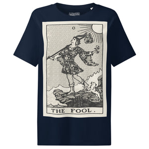 Fitted organic cotton t-shirt featuring The Fool tarot card illustration in high-contrast woodcut rendering.
