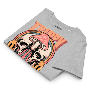 Fitted organic cotton t-shirt with a split skull divided by a pink mushroom, flowing psychedelic shapes, and small smiley faces.