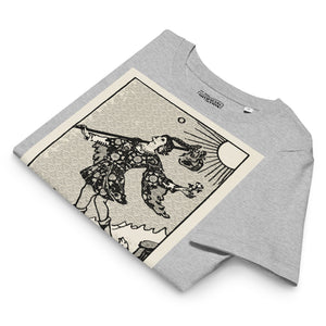 Fitted organic cotton t-shirt featuring The Fool tarot card illustration in high-contrast woodcut rendering.