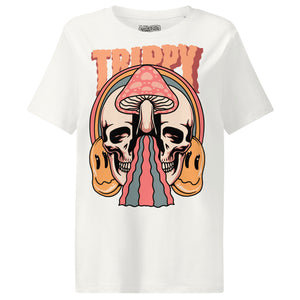 Fitted organic cotton t-shirt with a split skull divided by a pink mushroom, flowing psychedelic shapes, and small smiley faces.