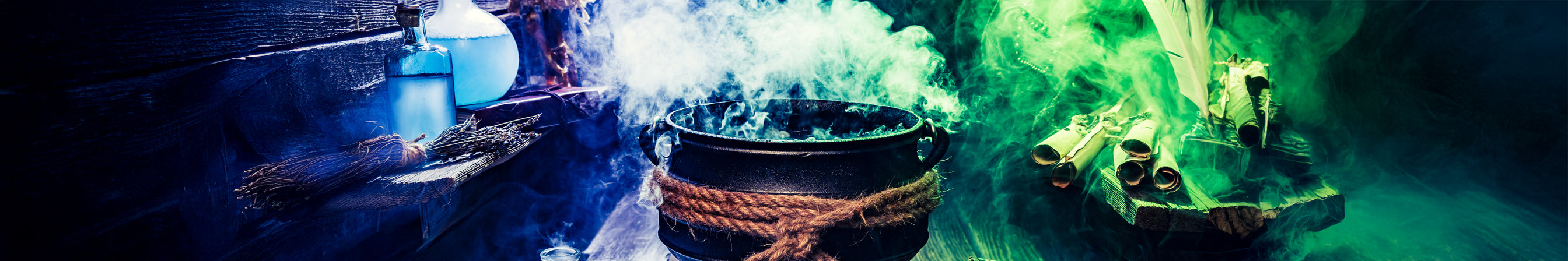 A photo of an alchemy bench featuring bowls with differrent colored fogs above them
