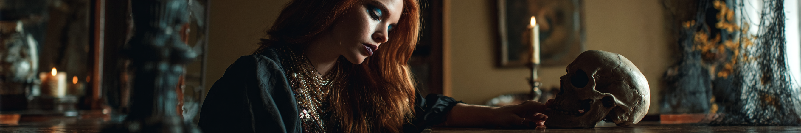 A woman staring at a skull in a room full of withcraft items