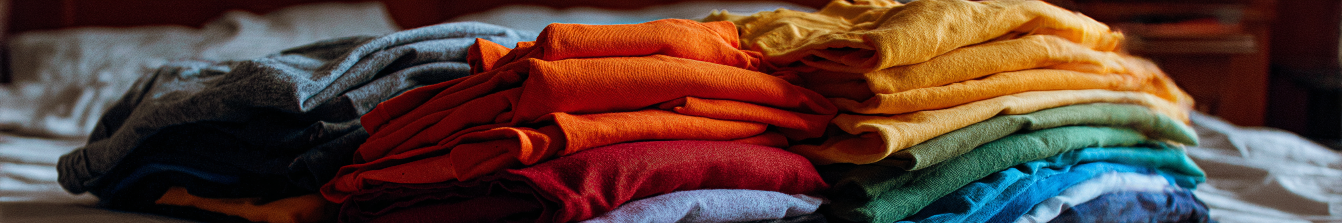 piles of stacked colorful t-shirts on a bed