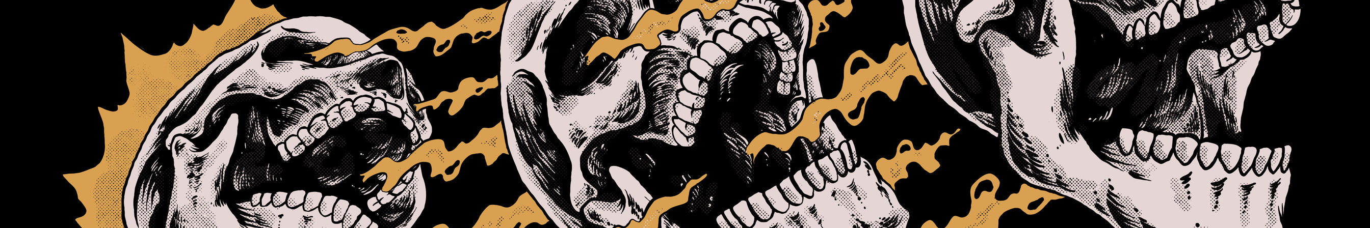 Three screaming skulls joined by lightning bolts