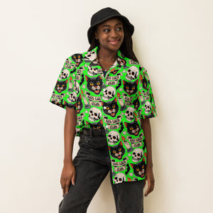 Bad Luck Club all-over print shirt, repeating tattoo flash pattern with black cats, skulls, candles and bats on screaming green, Artificial Perdition