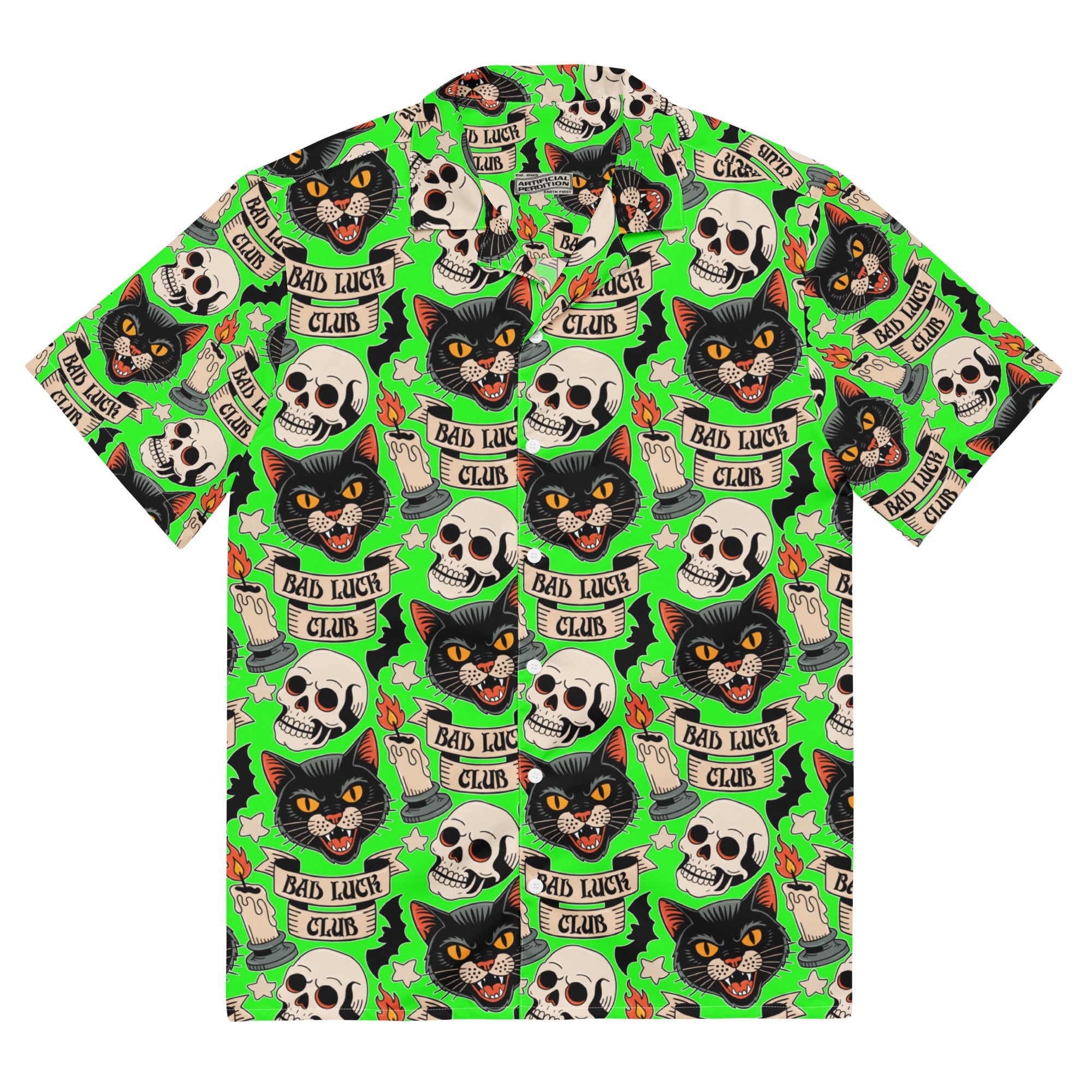 Bad Luck Club all-over print shirt, repeating tattoo flash pattern with black cats, skulls, candles and bats on screaming green, Artificial Perdition