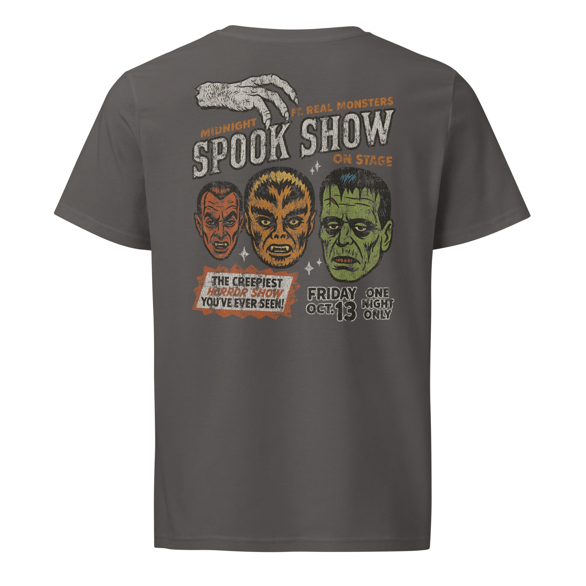 A distressed vintage poster image with Dracula, Wolfman, and Frankenstein; One Night Only type on a premium organic anthracite mid-light t-shirt.