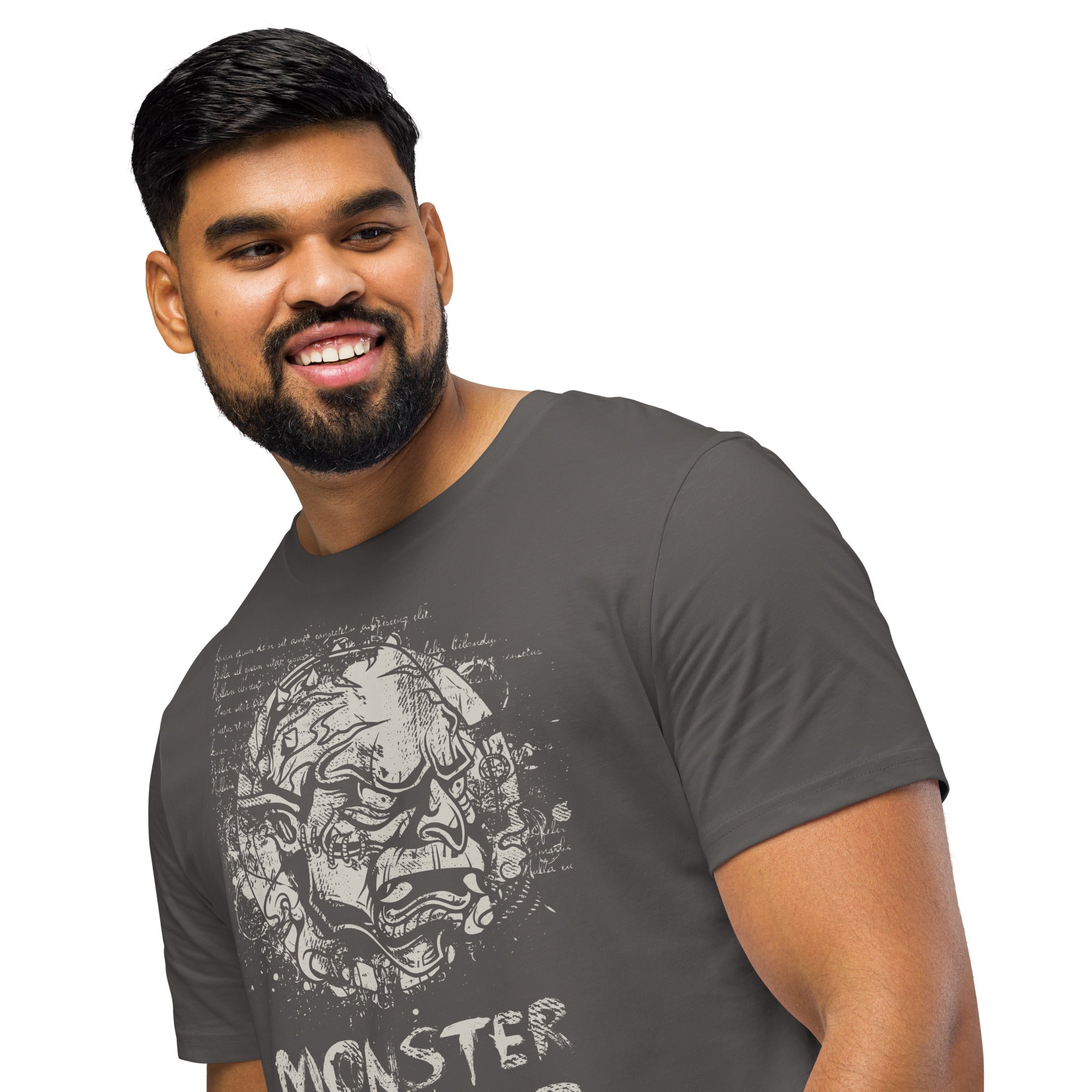 Black organic cotton t-shirt featuring a horned monster breaking from a ritual circle with mystical script and “Monster Inside” text.