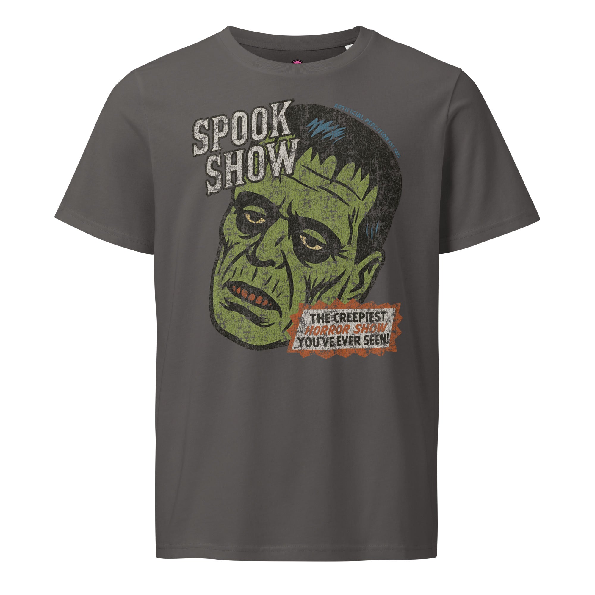 Distressed Frankenstein head with “Spook Show” on an organic mid-light anthracite tee.