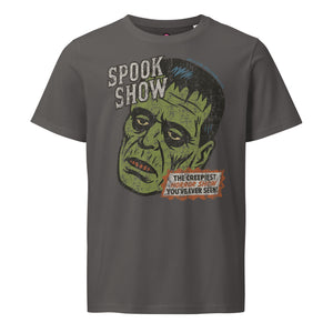 Distressed Frankenstein head with “Spook Show” on an organic mid-light anthracite tee.