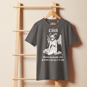 Organic mid-light cotton t-shirt featuring a black-and-white Lilith illustration with horns and wings and gothic lettering.