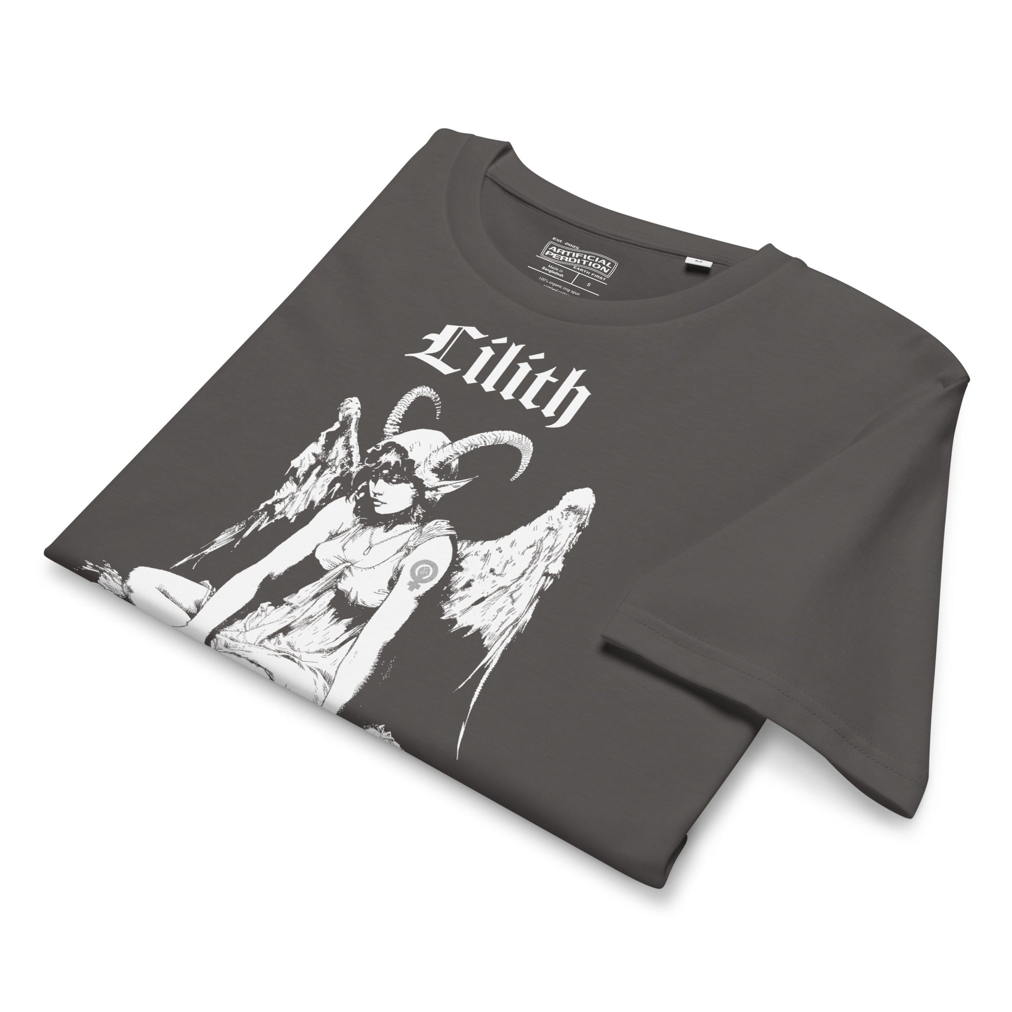 Organic mid-light cotton t-shirt featuring a black-and-white Lilith illustration with horns and wings and gothic lettering.