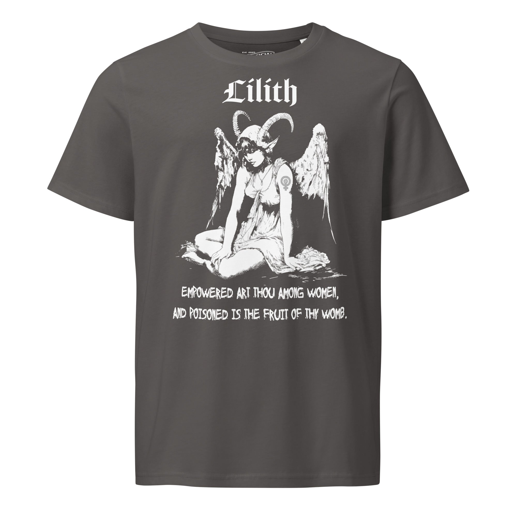 Organic mid-light cotton t-shirt featuring a black-and-white Lilith illustration with horns and wings and gothic lettering.
