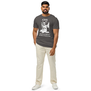Organic mid-light cotton t-shirt featuring a black-and-white Lilith illustration with horns and wings and gothic lettering.