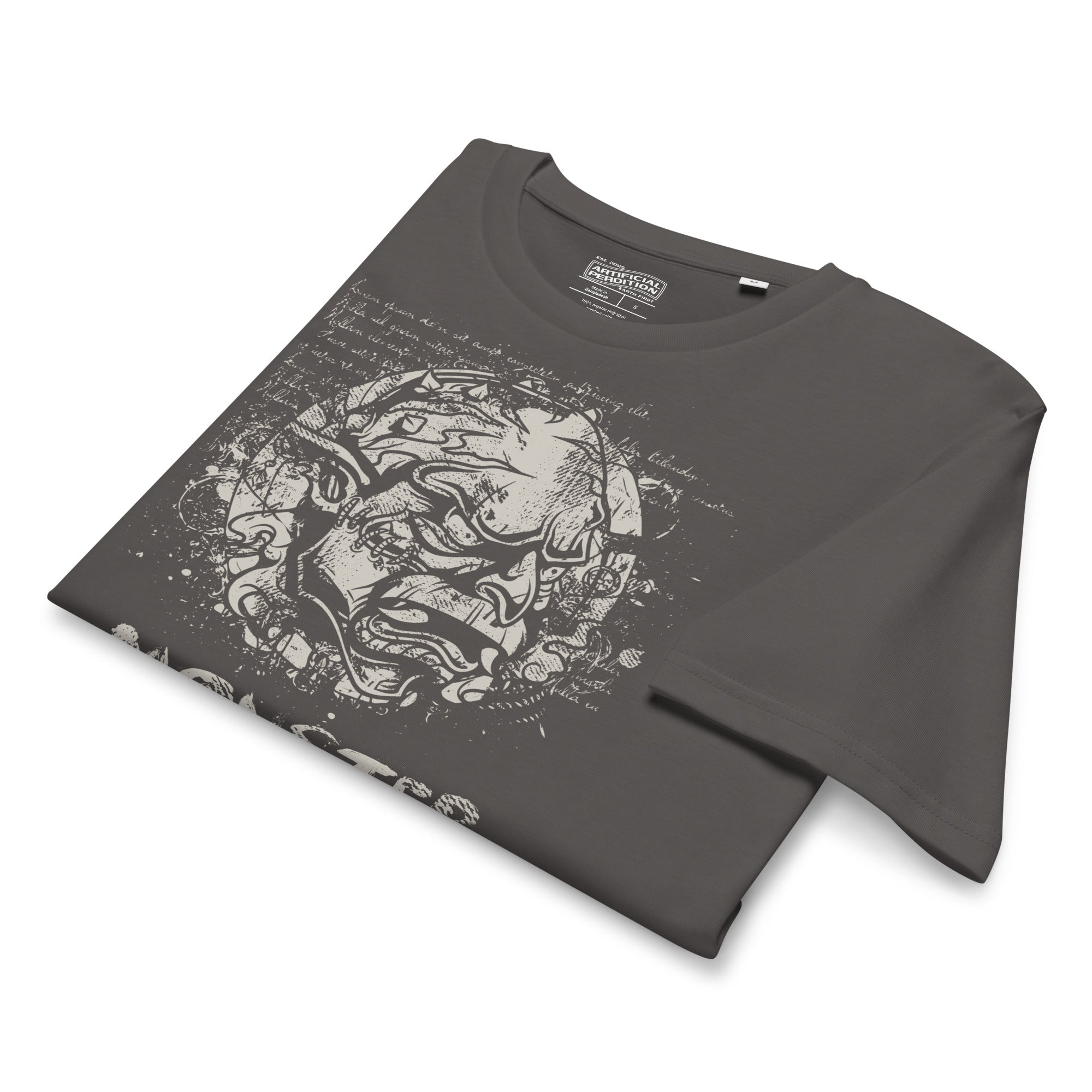 Black organic cotton t-shirt featuring a horned monster breaking from a ritual circle with mystical script and “Monster Inside” text.