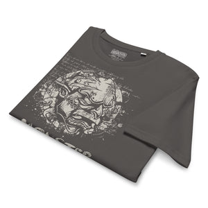 Black organic cotton t-shirt featuring a horned monster breaking from a ritual circle with mystical script and “Monster Inside” text.