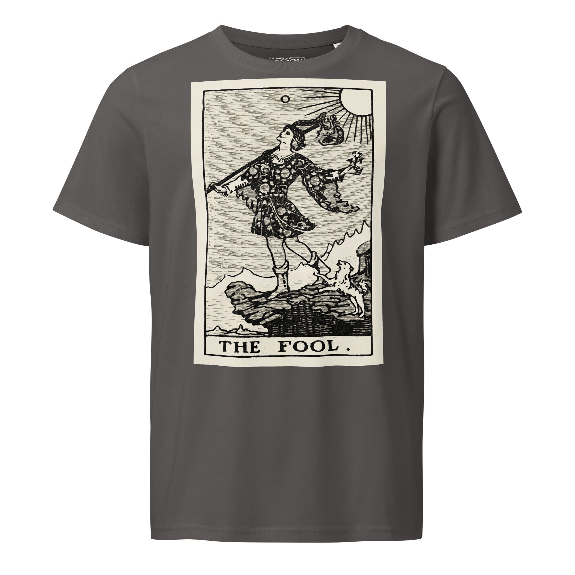 Mid-light organic cotton t-shirt featuring The Fool tarot card with cliff, dog, and sun in high-contrast woodcut rendering.