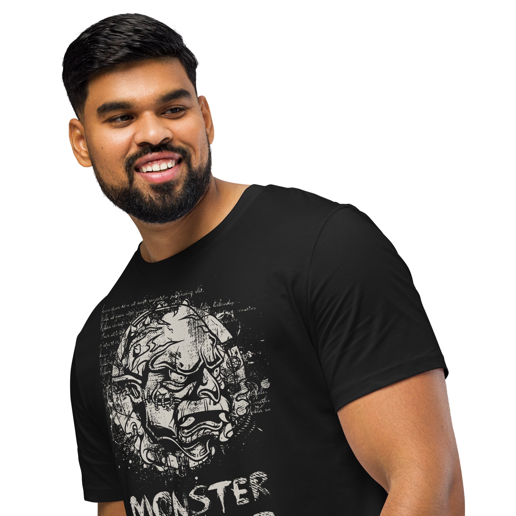 Black organic cotton t-shirt featuring a horned monster breaking from a ritual circle with mystical script and “Monster Inside” text.