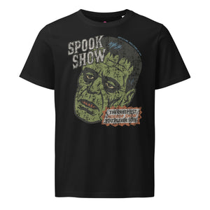 Distressed Frankenstein head with “Spook Show” on an organic mid-light black tee.