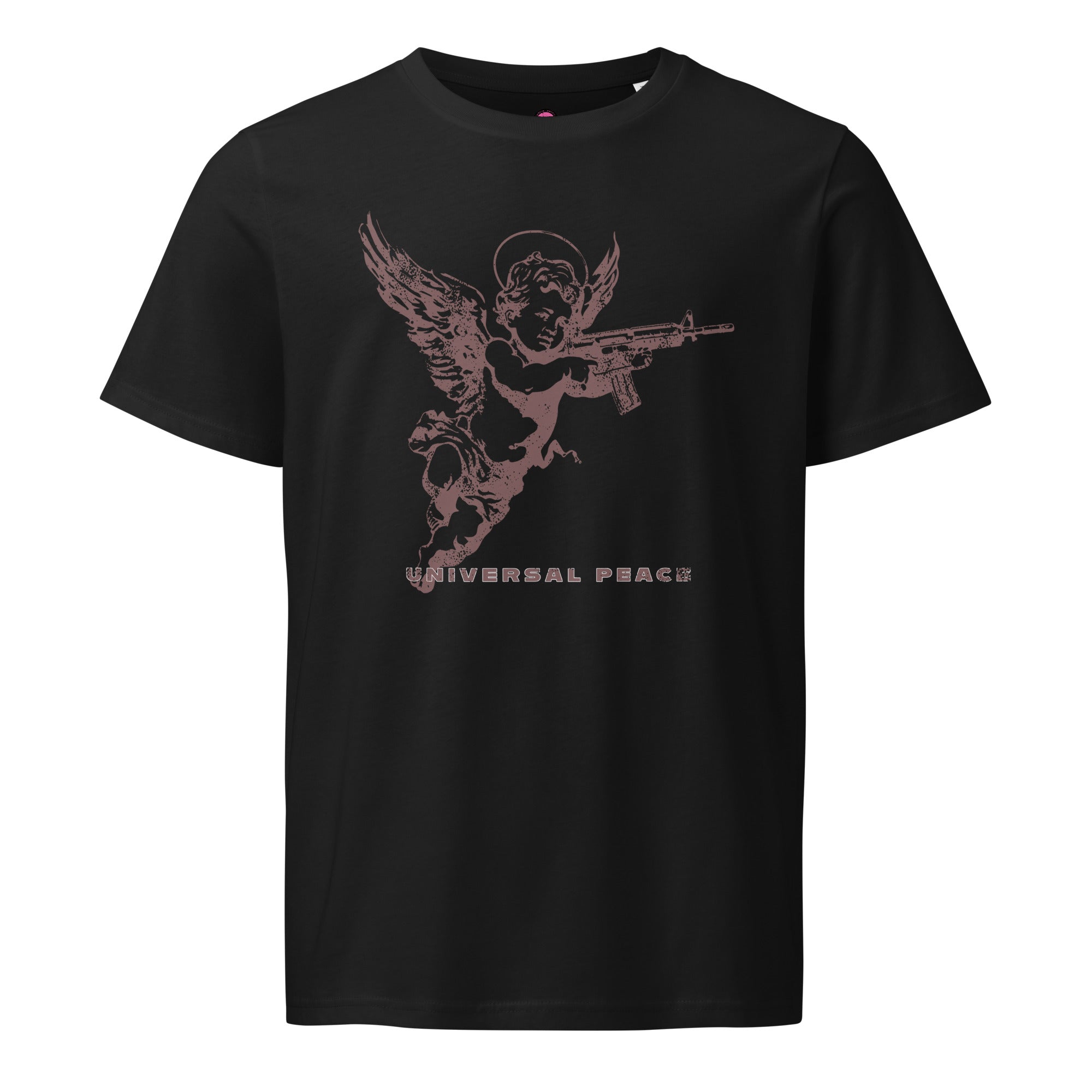 An angelic cherub with a rifle on a distressed premium organic eco mid-light black t-shirt.