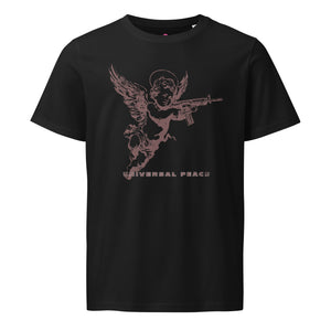 An angelic cherub with a rifle on a distressed premium organic eco mid-light black t-shirt.