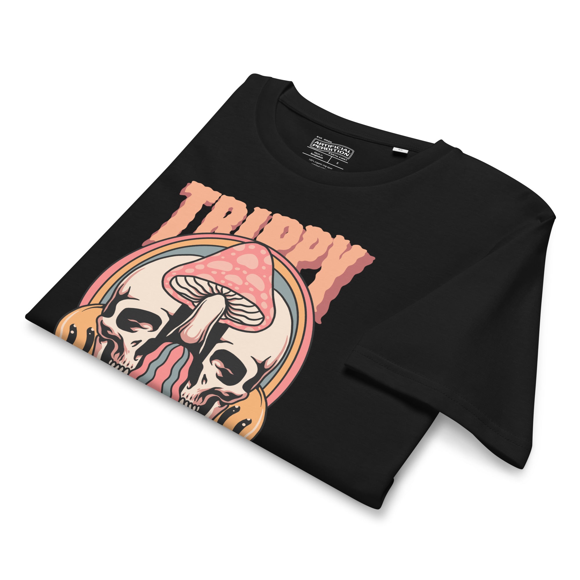 Mid-light organic cotton t-shirt showing a split skull divided by a pink mushroom, with flowing psychedelic shapes and small smiley faces.