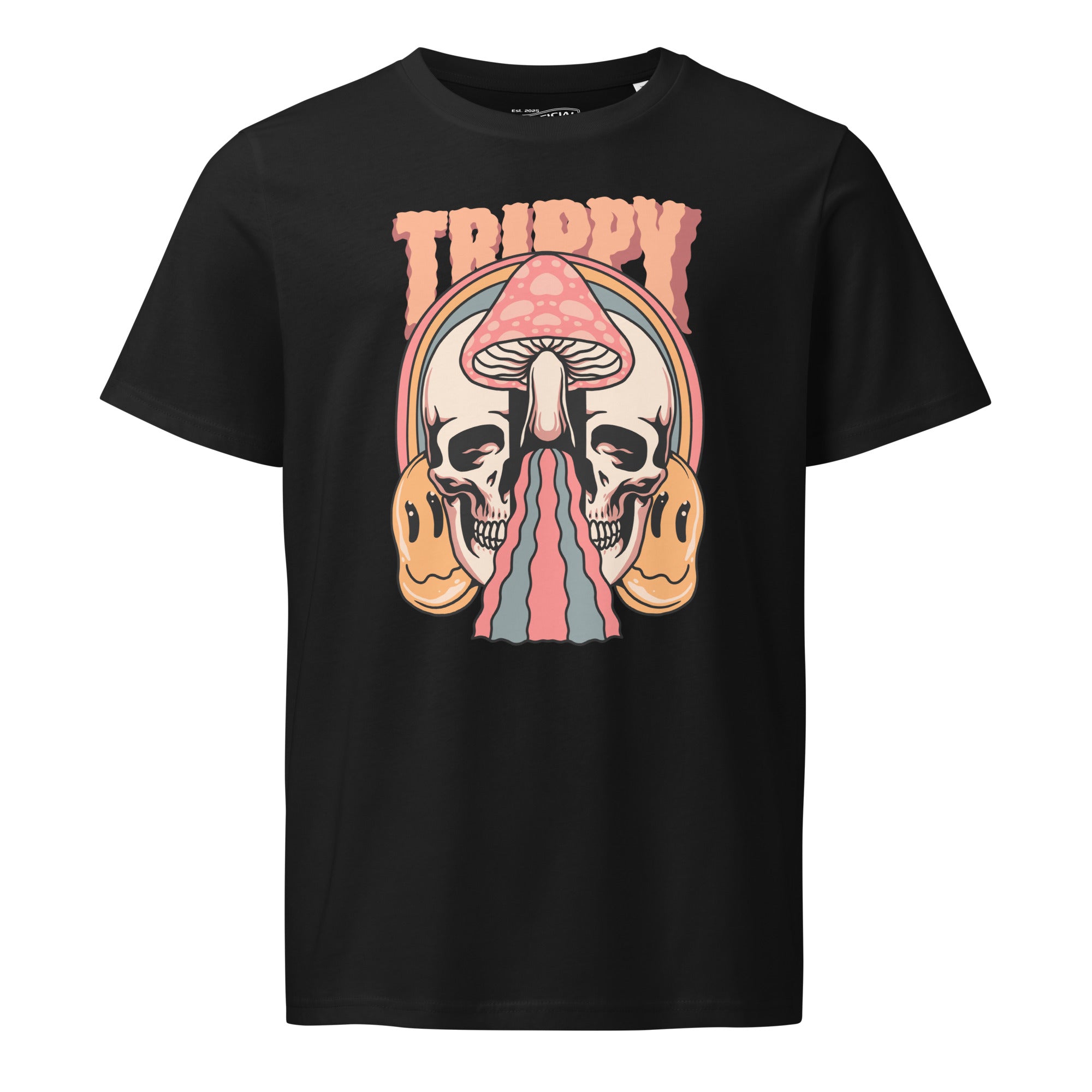 Mid-light organic cotton t-shirt showing a split skull divided by a pink mushroom, with flowing psychedelic shapes and small smiley faces.