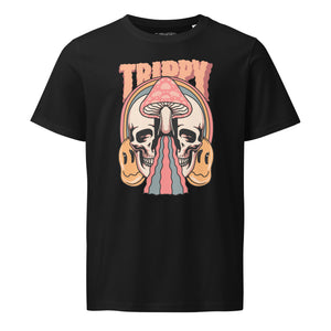 Mid-light organic cotton t-shirt showing a split skull divided by a pink mushroom, with flowing psychedelic shapes and small smiley faces.