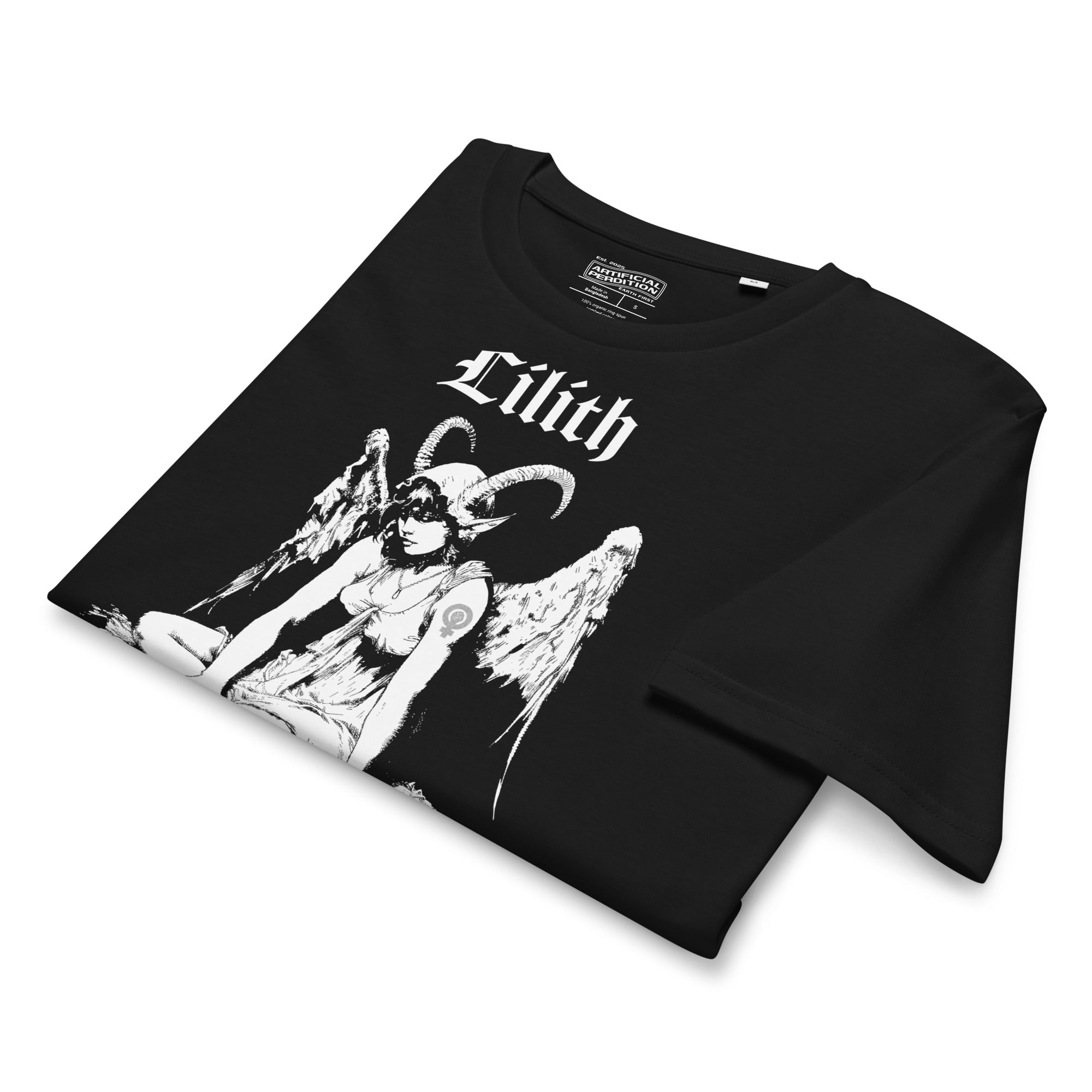 Organic mid-light cotton t-shirt featuring a black-and-white Lilith illustration with horns and wings and gothic lettering.