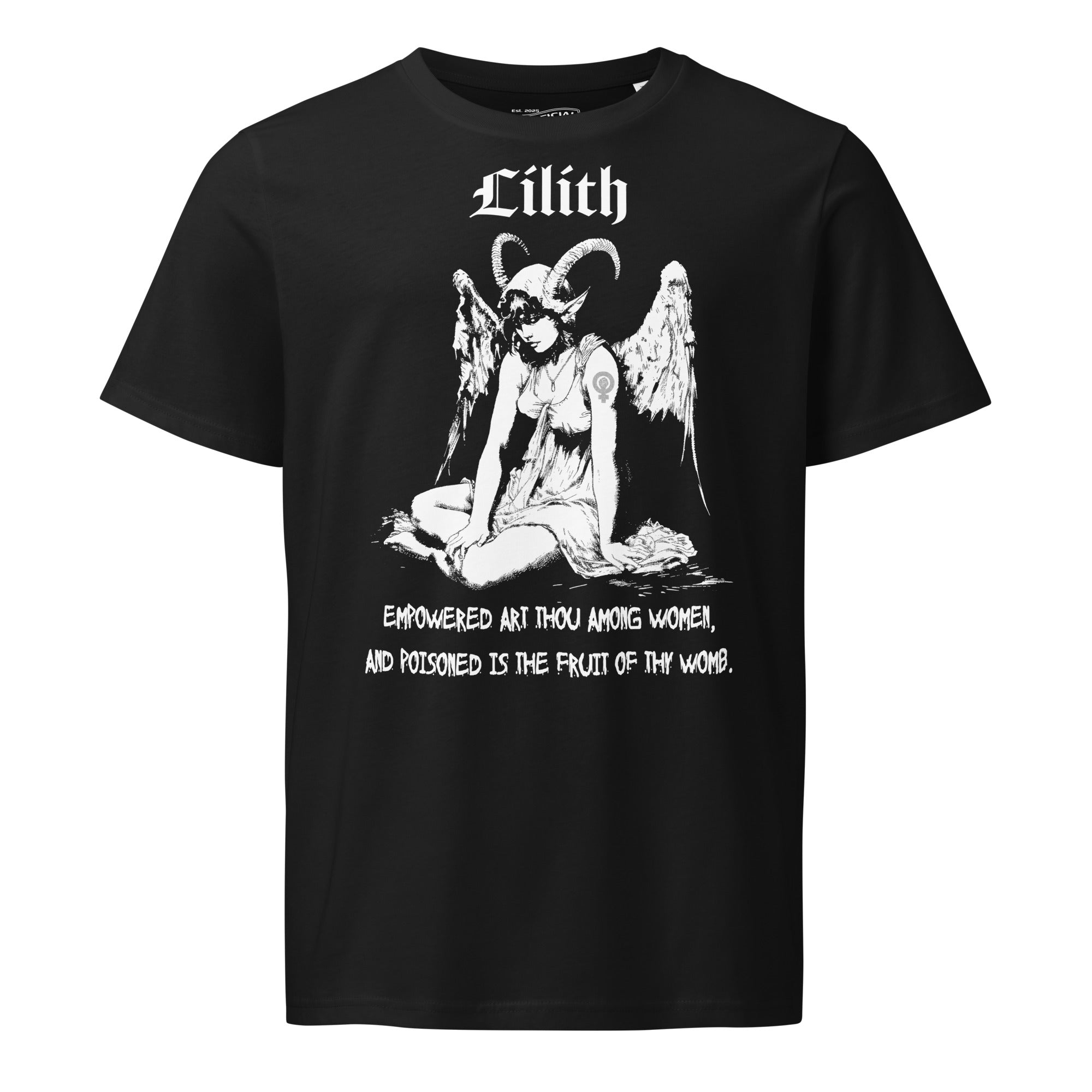 Organic mid-light cotton t-shirt featuring a black-and-white Lilith illustration with horns and wings and gothic lettering.