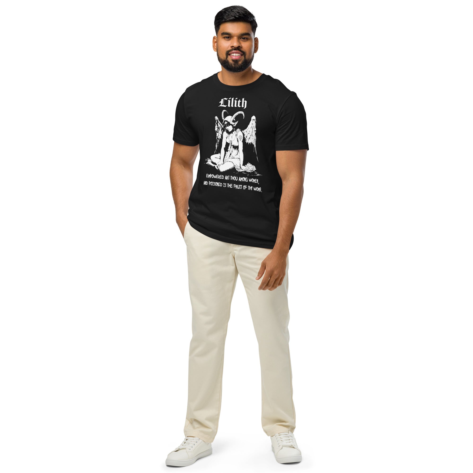 Organic mid-light cotton t-shirt featuring a black-and-white Lilith illustration with horns and wings and gothic lettering.