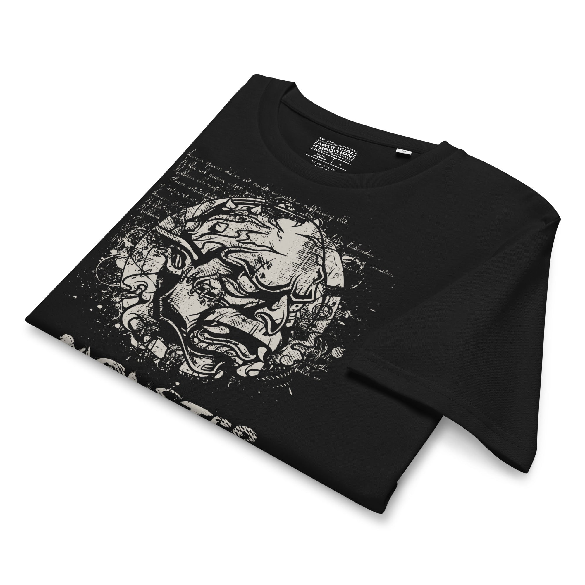 Black organic cotton t-shirt featuring a horned monster breaking from a ritual circle with mystical script and “Monster Inside” text.