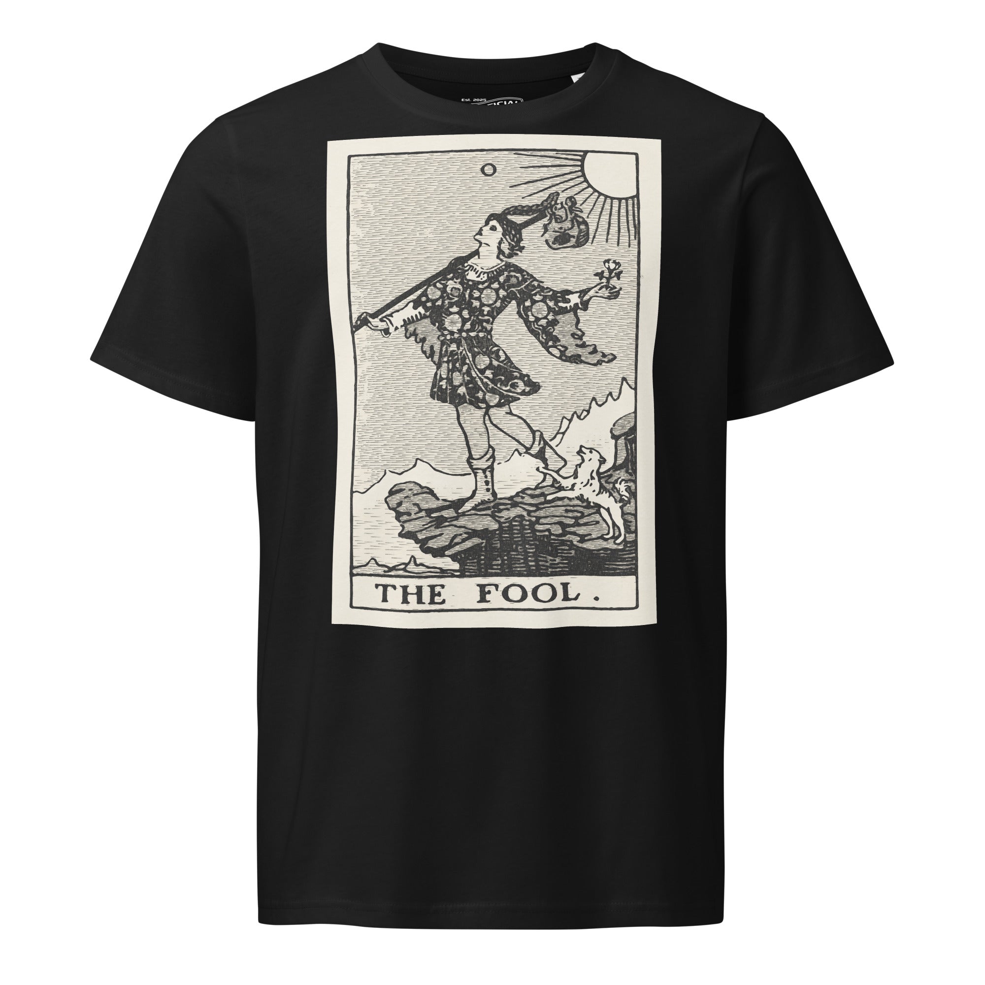 Mid-light organic cotton t-shirt featuring The Fool tarot card with cliff, dog, and sun in high-contrast woodcut rendering.