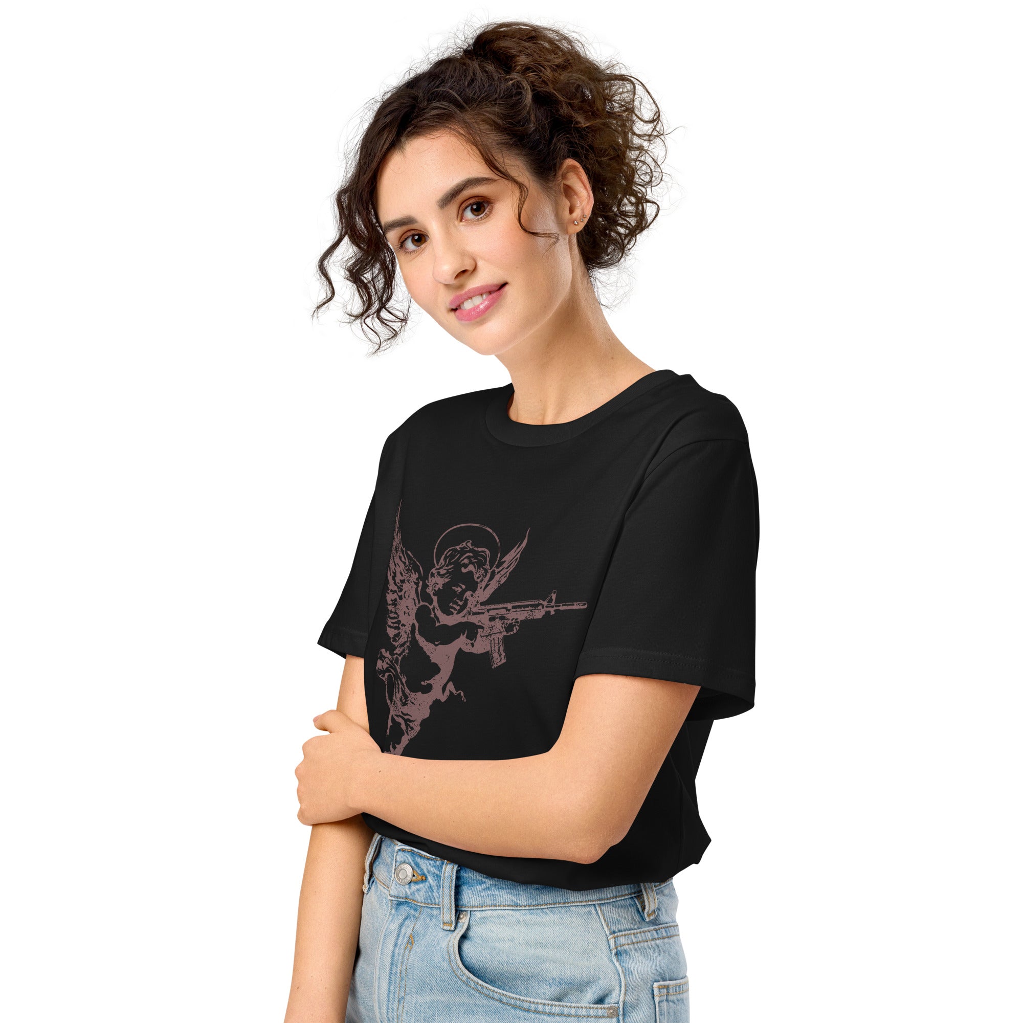 A woman wearing an angelic cherub with a rifle on a distressed premium organic eco mid-light black t-shirt.