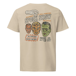 A distressed vintage poster image with Dracula, Wolfman, and Frankenstein; One Night Only type on a premium organic Desert Dust mid-light t-shirt.