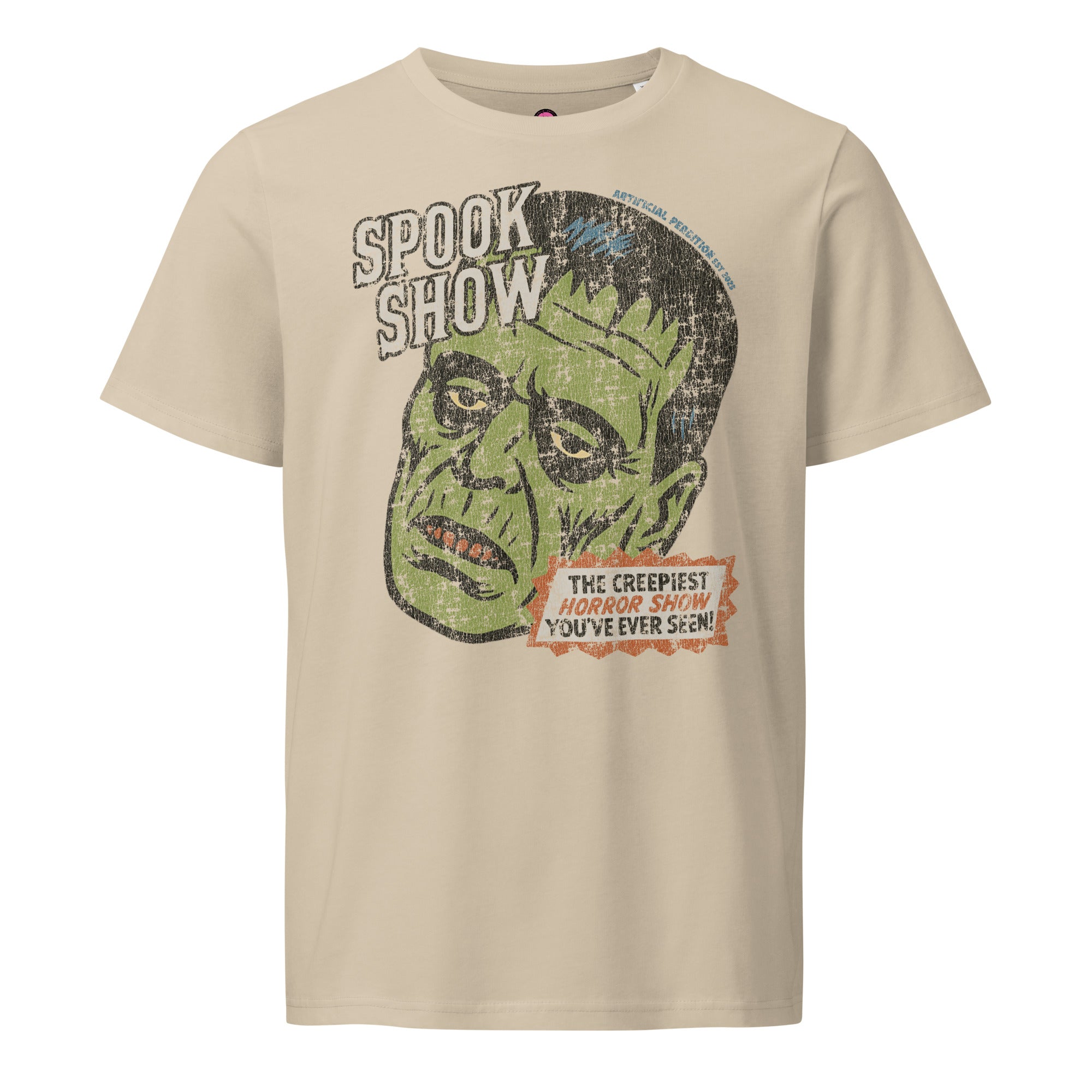 Distressed Frankenstein head with “Spook Show” on an organic mid-light desert dust tee.