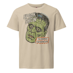 Distressed Frankenstein head with “Spook Show” on an organic mid-light desert dust tee.