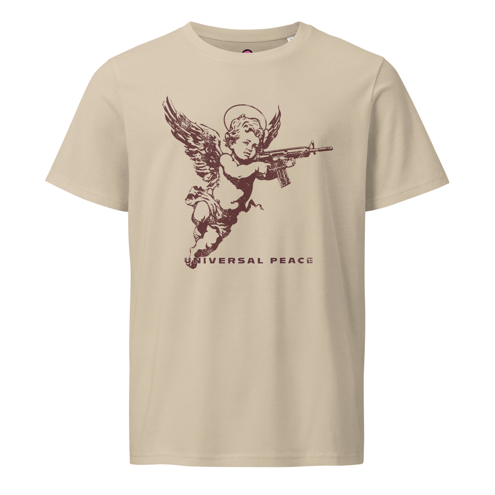 An angelic cherub with a rifle on a distressed premium organic eco mid-light desert dust t-shirt.