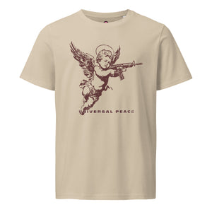 An angelic cherub with a rifle on a distressed premium organic eco mid-light desert dust t-shirt.