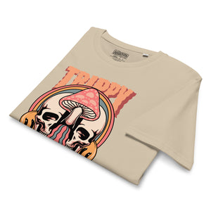 Mid-light organic cotton t-shirt showing a split skull divided by a pink mushroom, with flowing psychedelic shapes and small smiley faces.